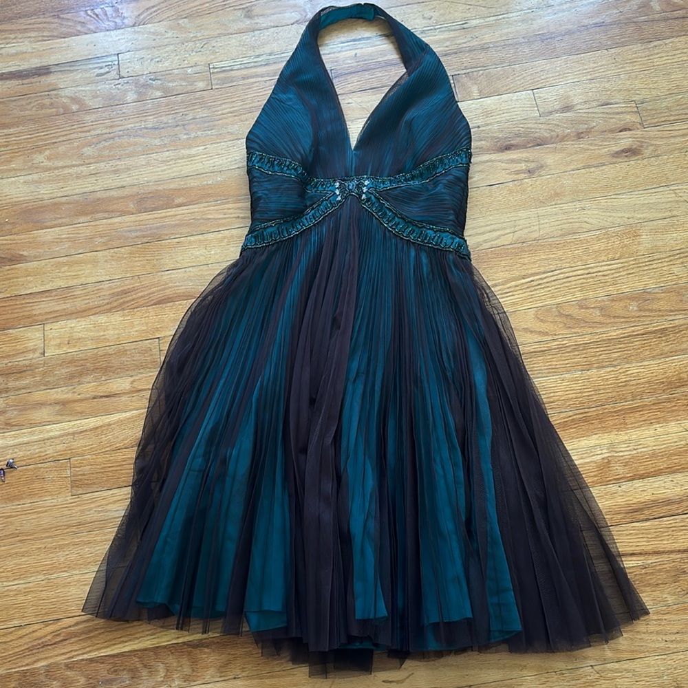 Badgley Mischka  Beaded Halter Pleated Dress